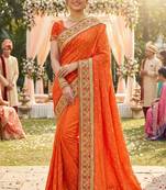sateen silk wedding wear saree in orange with embroidery work & crystal stone work