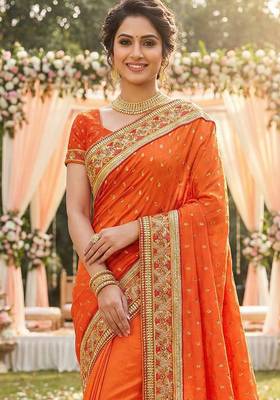 sateen silk wedding wear saree in orange with embroidery work & crystal stone work 2