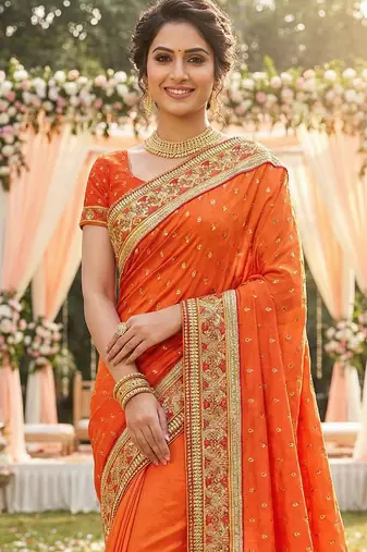 sateen silk wedding wear saree in orange with embroidery work & crystal stone work