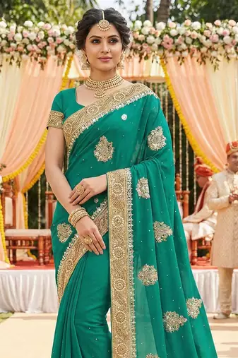georgette wedding wear saree in green with embroidery & crystals stone work