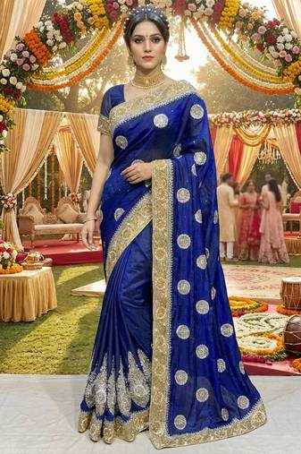 art silk party wear saree in blue with embroidery work & crystal stone work