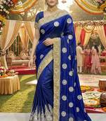 art silk party wear saree in blue with embroidery work & crystal stone work