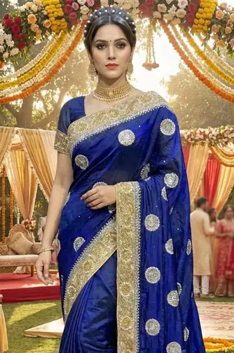 art silk party wear saree in blue with embroidery work & crystal stone work