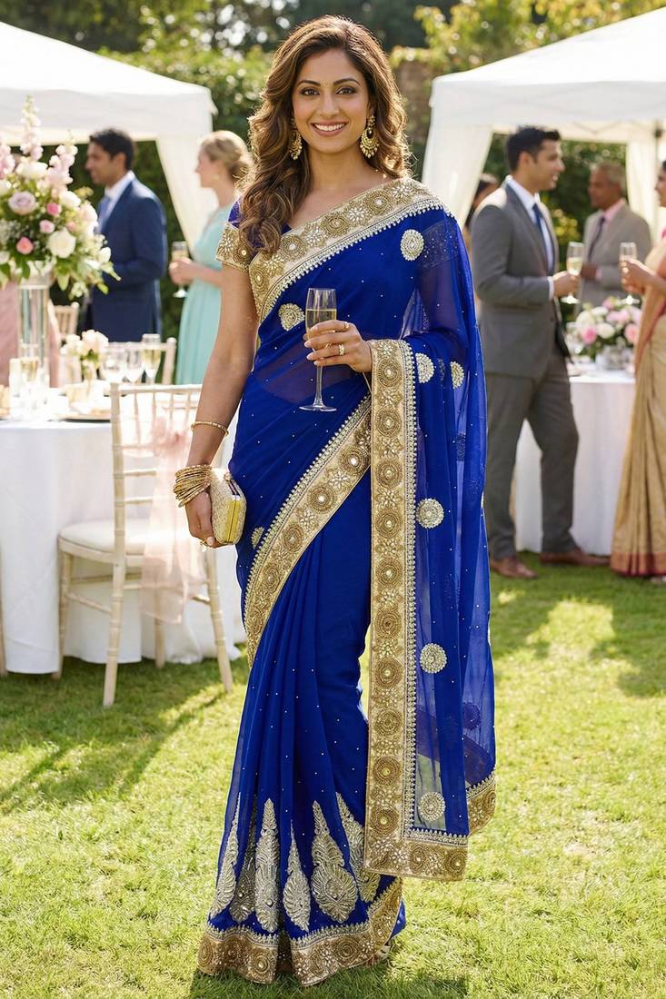 georgette party wear saree in blue with embroidery work & crystal stone work