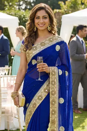 georgette party wear saree in blue with embroidery work & crystal stone work