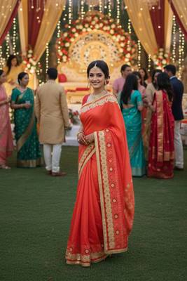 art silk party wear saree in orange with embroidery work & crystal stone work 1