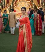 art silk party wear saree in orange with embroidery work & crystal stone work