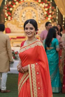 art silk party wear saree in orange with embroidery work & crystal stone work 2