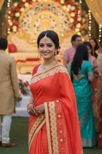 art silk party wear saree in orange with embroidery work & crystal stone work