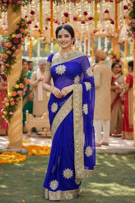 georgette wedding wear saree in blue with embroidery work & crystal stone work 1