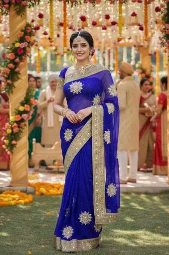 georgette wedding wear saree in blue with embroidery work & crystal stone work