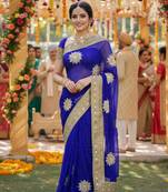 georgette wedding wear saree in blue with embroidery work & crystal stone work