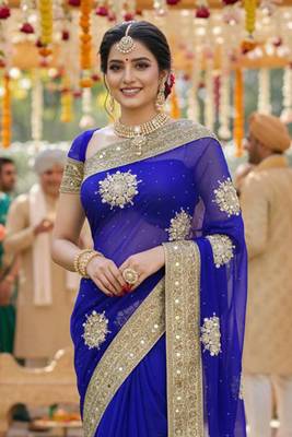 georgette wedding wear saree in blue with embroidery work & crystal stone work 2