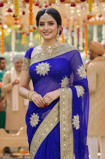 georgette wedding wear saree in blue with embroidery work & crystal stone work