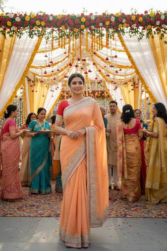 art silk party wear saree in peach with embroidery work & crystal stone work