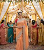 art silk party wear saree in peach with embroidery work & crystal stone work