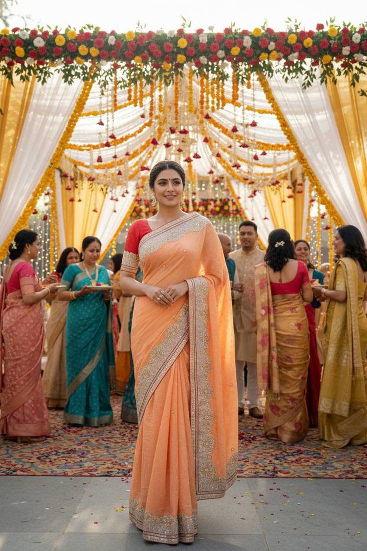 art silk party wear saree in peach with embroidery work & crystal stone work