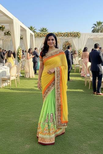 net party wear saree in yellow with embroidery work & crystal stone work