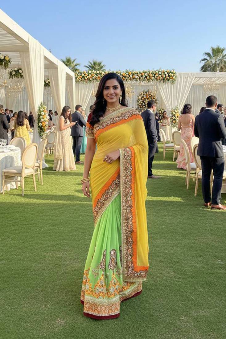 net party wear saree in yellow with embroidery work & crystal stone work