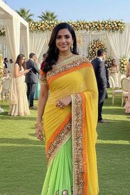 net party wear saree in yellow with embroidery work & crystal stone work 2