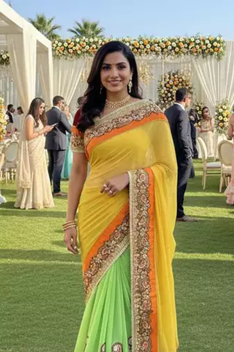 net party wear saree in yellow with embroidery work & crystal stone work