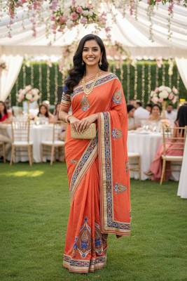 art silk party wear saree in orange with embroidery work & crystal stone work 1