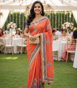 art silk party wear saree in orange with embroidery work & crystal stone work