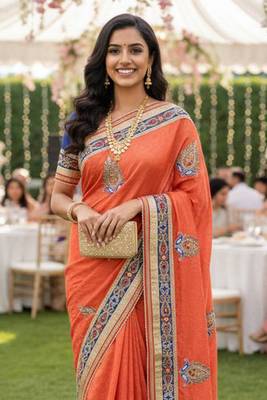 art silk party wear saree in orange with embroidery work & crystal stone work 2