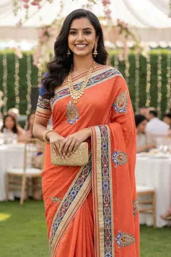 art silk party wear saree in orange with embroidery work & crystal stone work