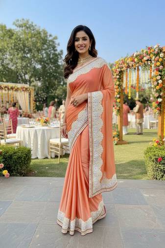 fancy art silk party wear saree in peach with embroidery work & crystal stone work