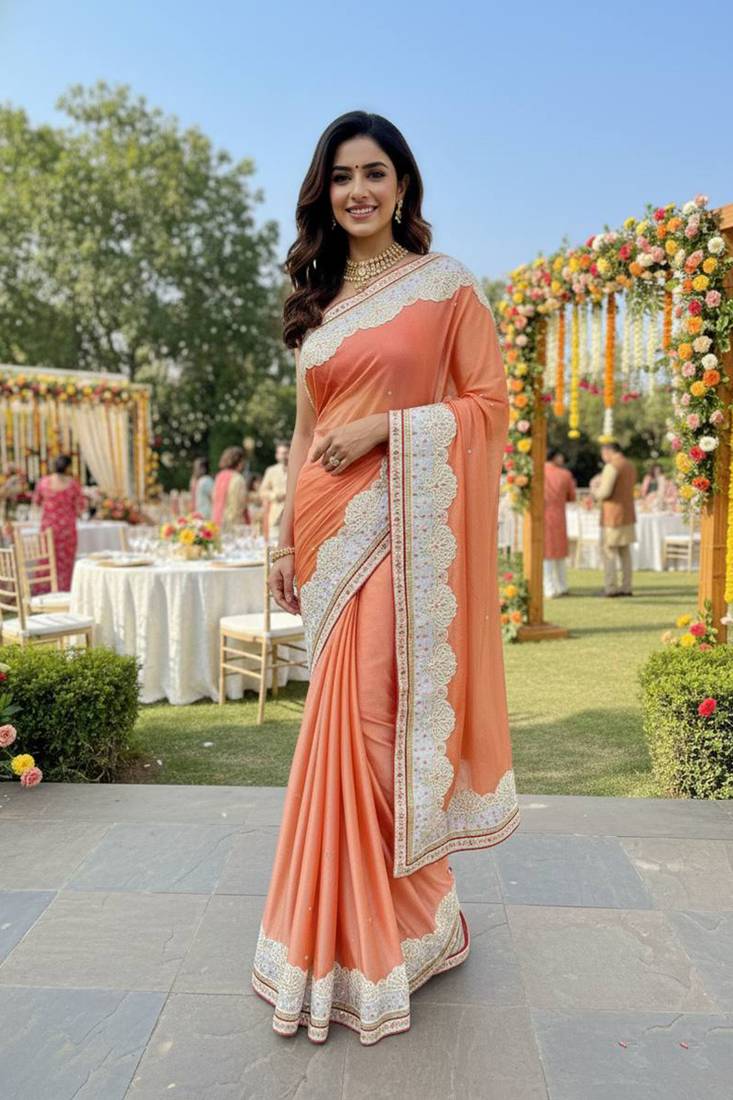 fancy art silk party wear saree in peach with embroidery work & crystal stone work