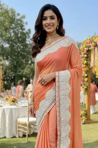 fancy art silk party wear saree in peach with embroidery work & crystal stone work