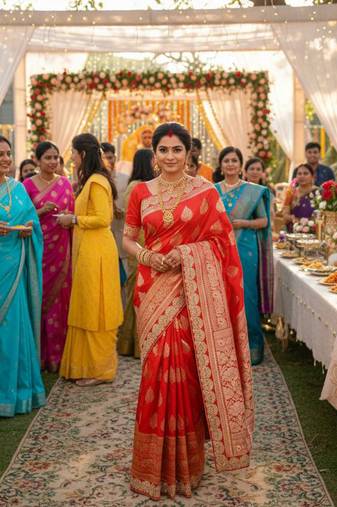 banarasi art silk party wear saree in red with embroidery work 