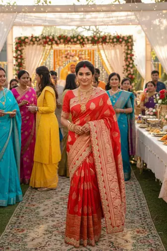 banarasi art silk party wear saree in red with embroidery work 