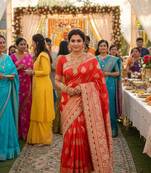 banarasi art silk party wear saree in red with embroidery work 