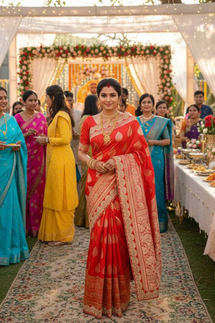 banarasi art silk party wear saree in red with embroidery work 