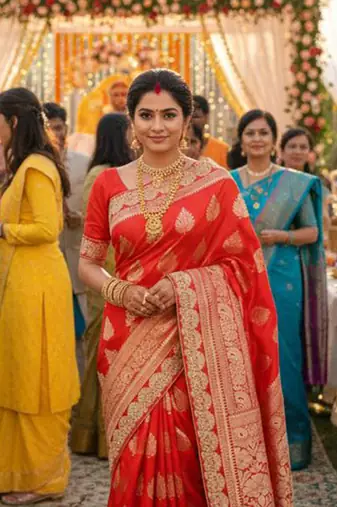 banarasi art silk party wear saree in red with embroidery work 