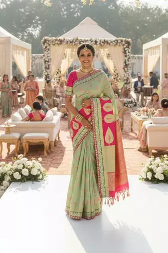 banarasi art silk party wear saree in green with embroidery work 