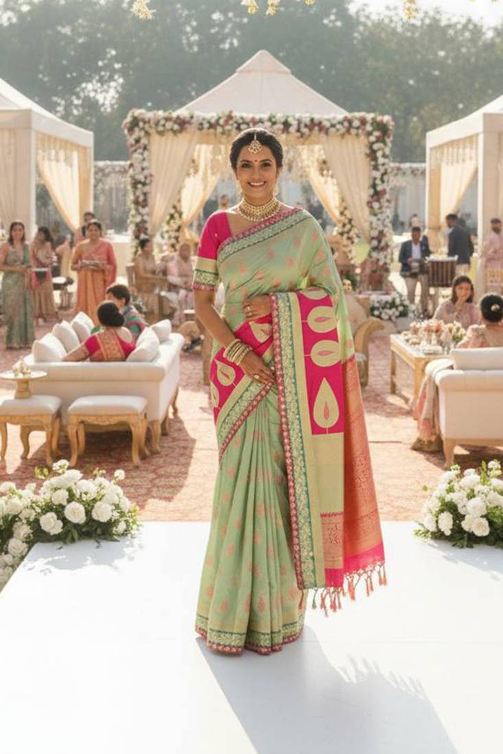 banarasi art silk party wear saree in green with embroidery work 