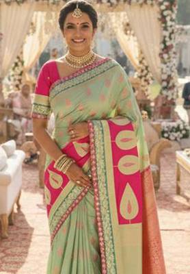 banarasi art silk party wear saree in green with embroidery work  2