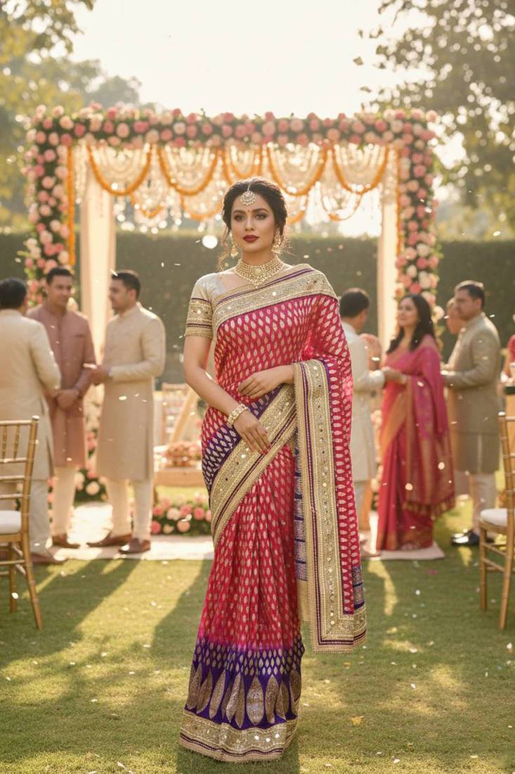 viscose silk party wear saree in maroon with embroidery work & crystal stone work