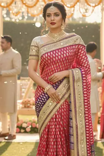viscose silk party wear saree in maroon with embroidery work & crystal stone work