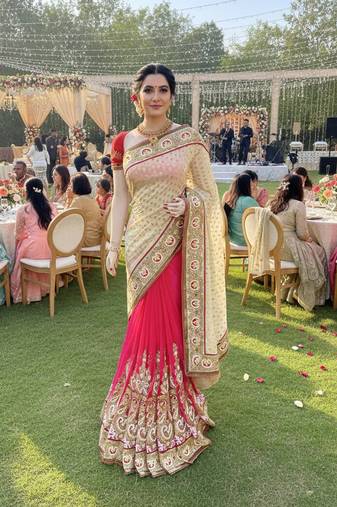 viscose silk party wear saree in cream with embroidery work & crystal stone work