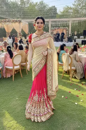 viscose silk party wear saree in cream with embroidery work & crystal stone work