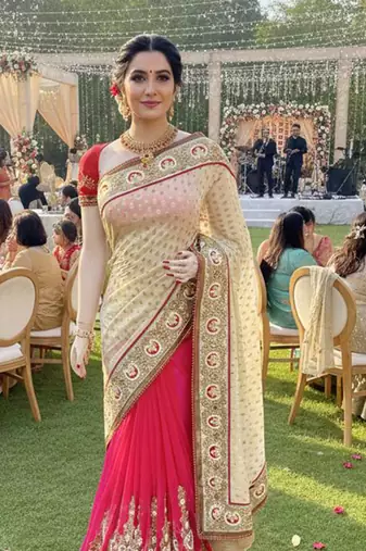viscose silk party wear saree in cream with embroidery work & crystal stone work