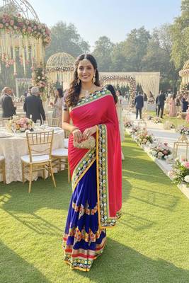 georgette wedding wear saree in red with embroidery work & crystal stone work 1