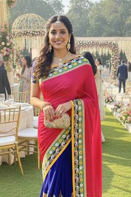 georgette wedding wear saree in red with embroidery work & crystal stone work 2