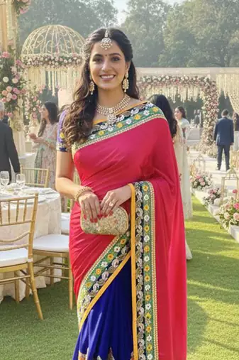 georgette wedding wear saree in red with embroidery work & crystal stone work