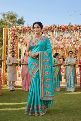art silk wedding wear saree in blue with embroidery work & crystal stone work 1