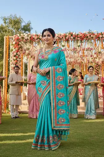 art silk wedding wear saree in blue with embroidery work & crystal stone work